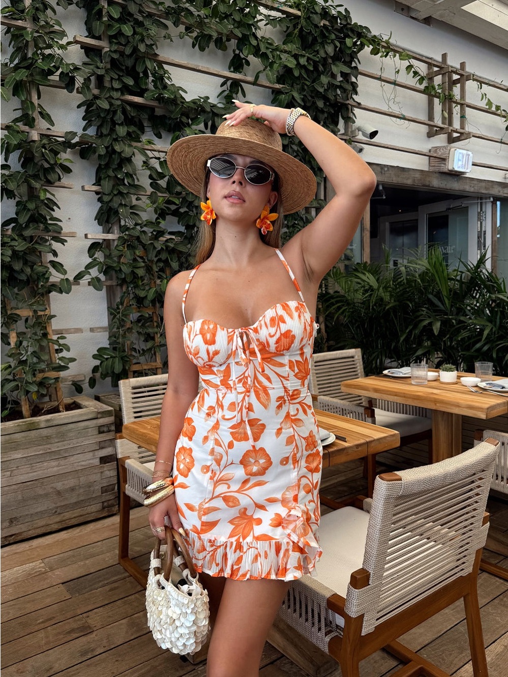 12th Tribe Orange Floral Sweetheart Mini Dress